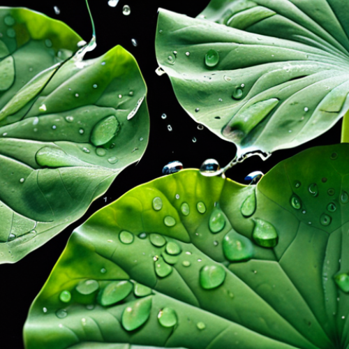 **

>Self-cleaning lotus leaves close-up, water droplets rolling across surface, carrying away dirt and dust, macro photography, sharp focus, natural lighting, vibrant colors, scientific illustration.

**