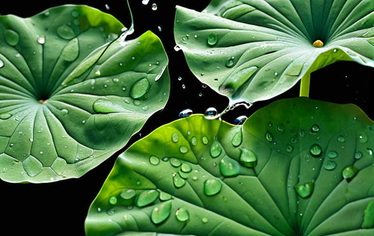 **

>Self-cleaning lotus leaves close-up, water droplets rolling across surface, carrying away dirt and dust, macro photography, sharp focus, natural lighting, vibrant colors, scientific illustration.

**