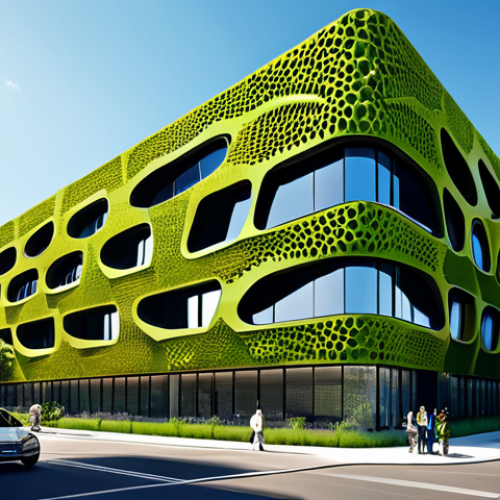 An elegant, modern office building in a vibrant urban setting, its innovative facade inspired by the natural ventilation systems of termite mounds, featuring intricate, organic patterns that promote passive cooling. The architecture emphasizes sustainable design principles and integrates seamlessly with green spaces. Daytime, clear skies, professional architectural rendering, high detail, volumetric lighting, safe for work, appropriate content, professional, family-friendly.