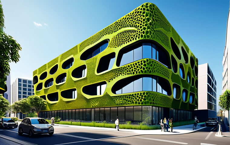 An elegant, modern office building in a vibrant urban setting, its innovative facade inspired by the natural ventilation systems of termite mounds, featuring intricate, organic patterns that promote passive cooling. The architecture emphasizes sustainable design principles and integrates seamlessly with green spaces. Daytime, clear skies, professional architectural rendering, high detail, volumetric lighting, safe for work, appropriate content, professional, family-friendly.